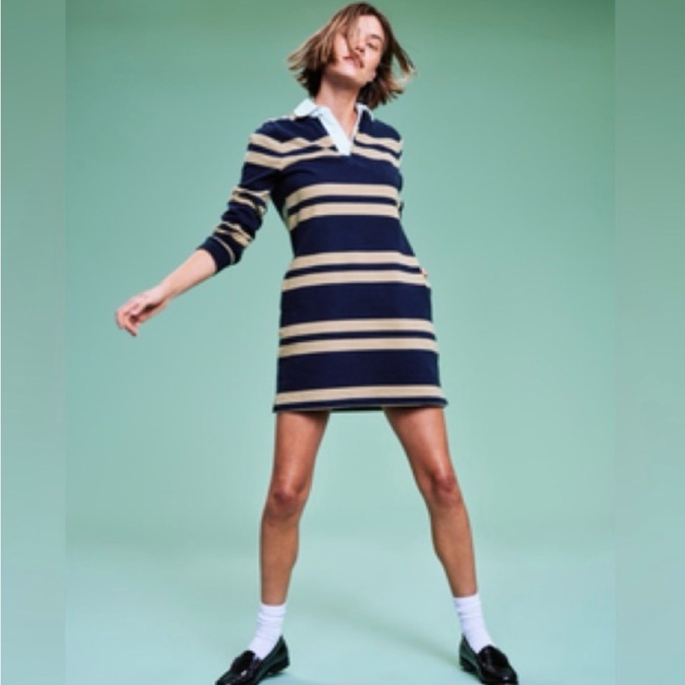 OLD NAVY 90's Reissue NAVY Tan STRIPE Rugby POLO Long SLEEVE Shirt DRESS S NEW